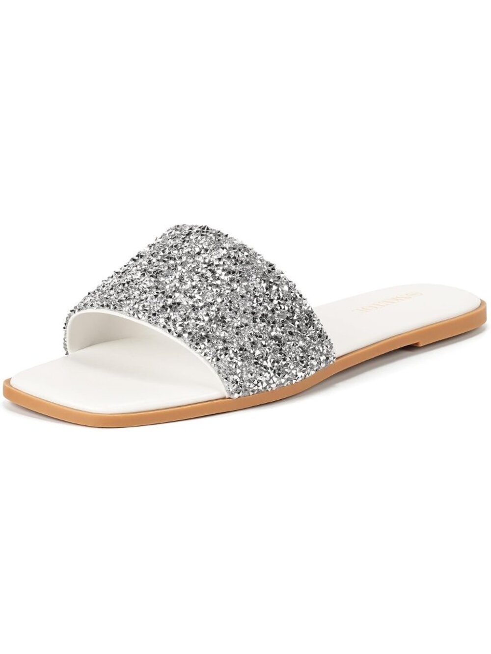 Women's White Sparkly Rhinestone Flat Square Open Toe Slip on Summer Beach Shoes